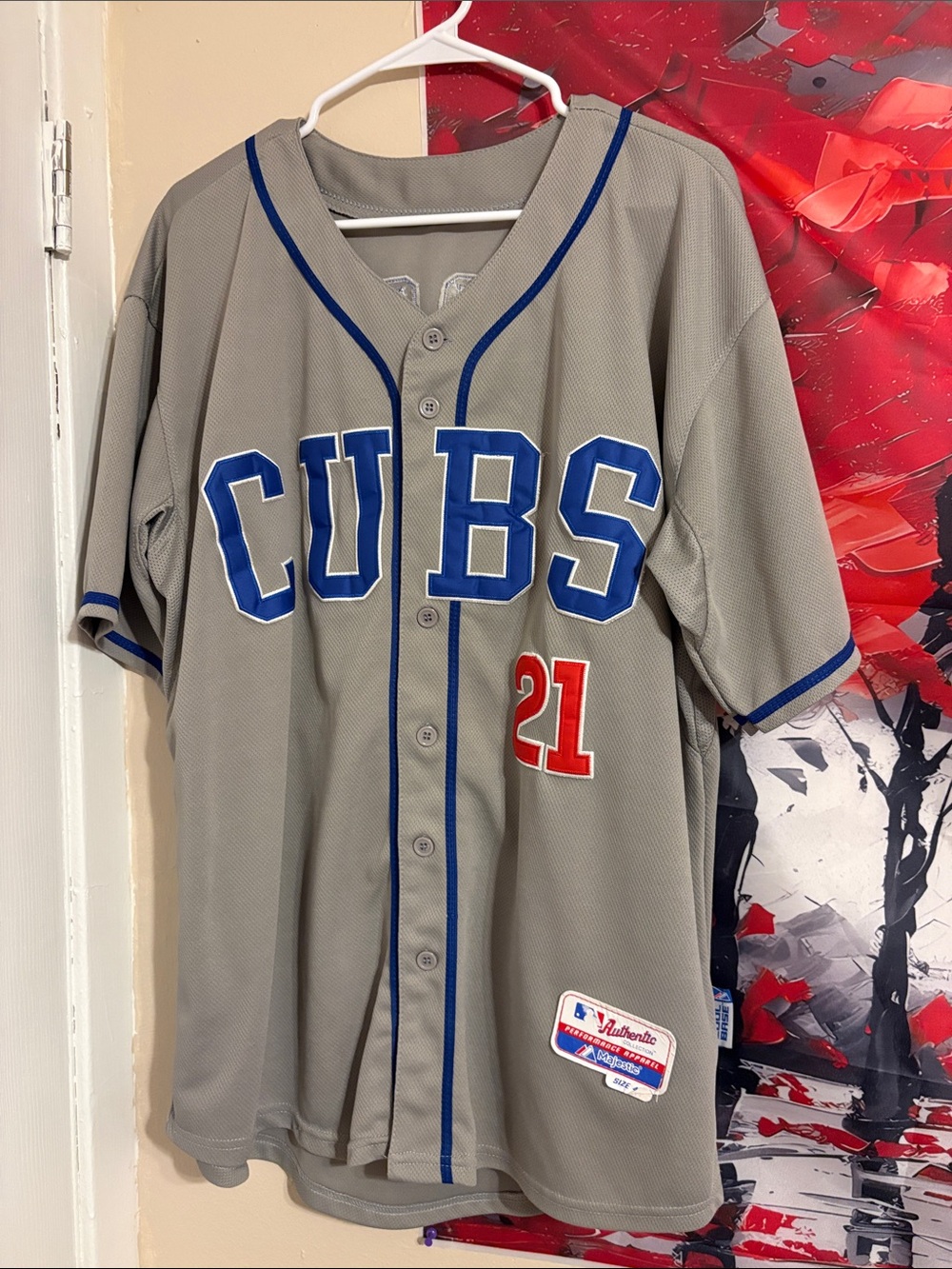 Majestic Gray Performance Baseball Jersey with Blue and Red Accents